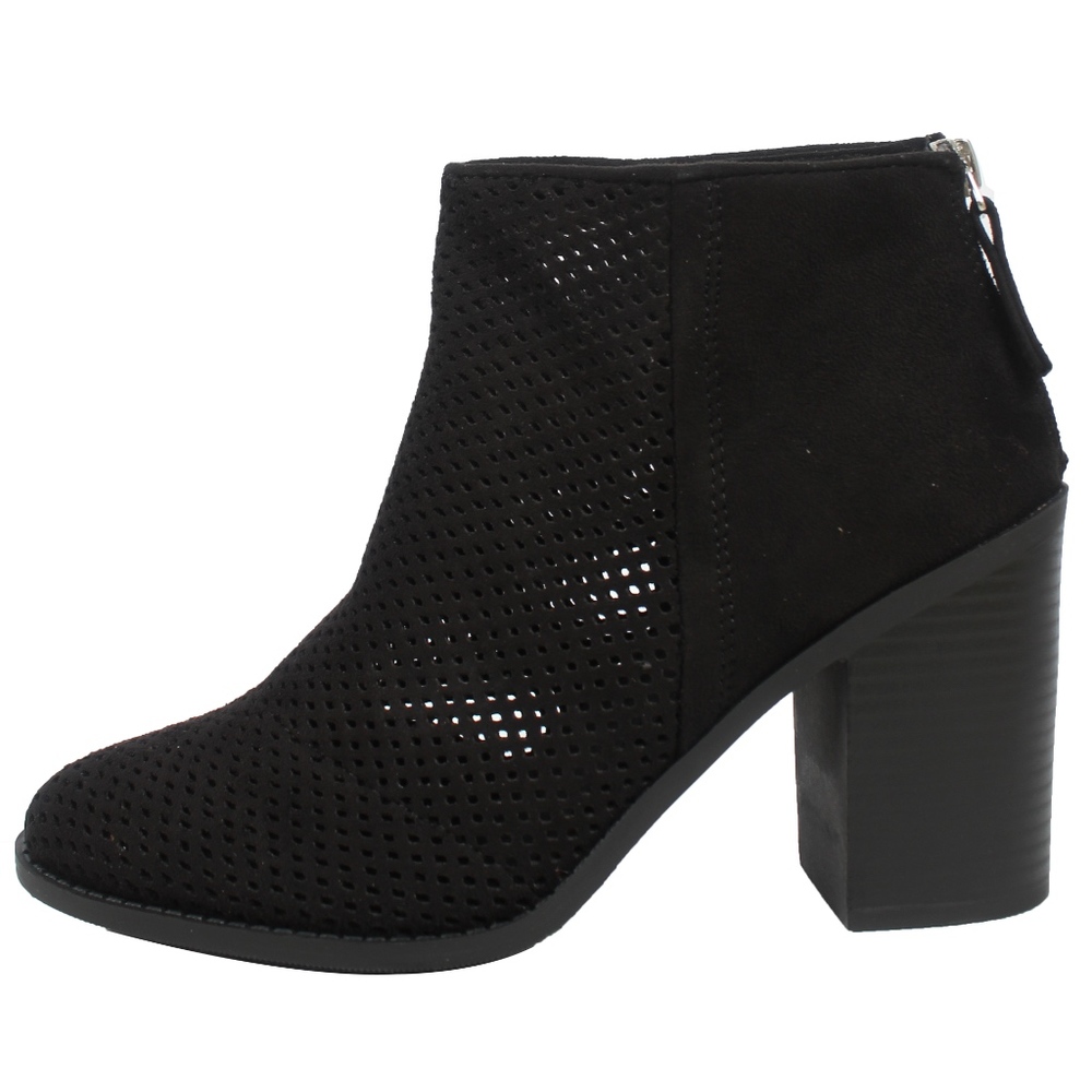 Black Perforated Suede Block Heel Ankle Boots